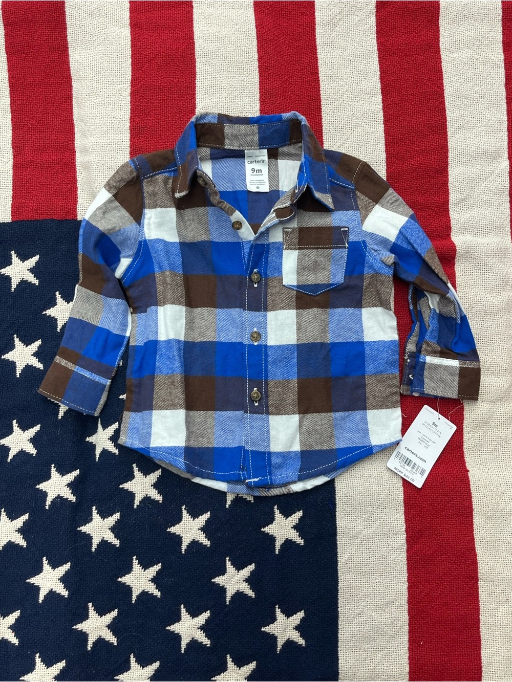 Carter's Blue, Brown & White Plaid Button-Up Shirt Boys Size 9 Months NWT